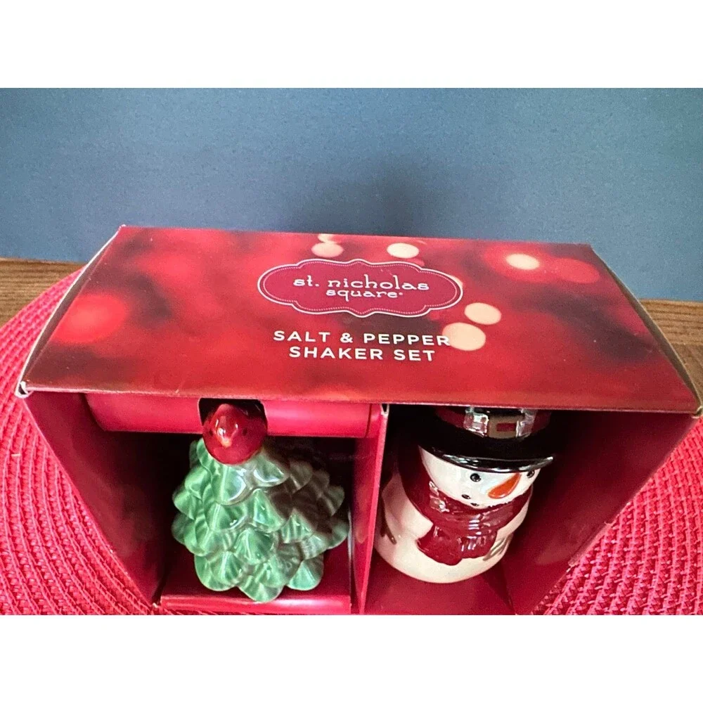 St. Nicholas Square Ceramic Christmas Snowman & Tree Salt Pepper Shaker Set